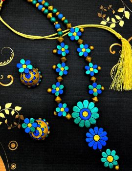 Terracotta Jewellery Floral Design Long Necklace Set For Women With earring (Seagreen & blue)