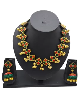 Terracotta Jewellery Necklace Set For Women (Green & Red and Golden) With Jhumka Earring For Women & Girl
