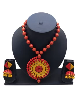 Terracotta Jewellery Long Necklace Set For Women With Round Pendant Deep Red
