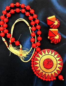 Terracotta Jewellery Long Necklace Set For Women With Round Pendant Deep Red