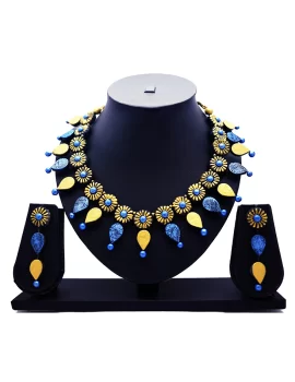 Terrracotta Jewellery Necklace Set For Women And Girl (Blue and golden color) With Earrings For Women & Girl