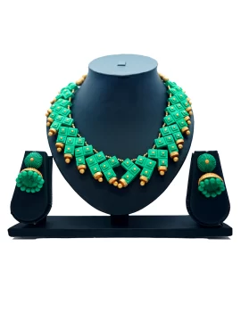 Terracotta Jewellery Necklace Set for women(Sea Green and Golden) with jhumka earrings for women & girl