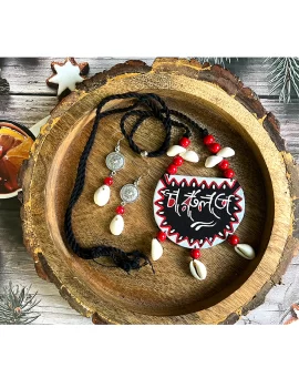 Fully Handmade with Seashell and Fabric based Necklace set for Women and Girls(White and Red and Black combination)