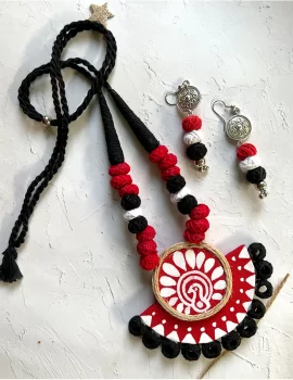 Handmade fabric jewellery set for women (red, white and black combination)