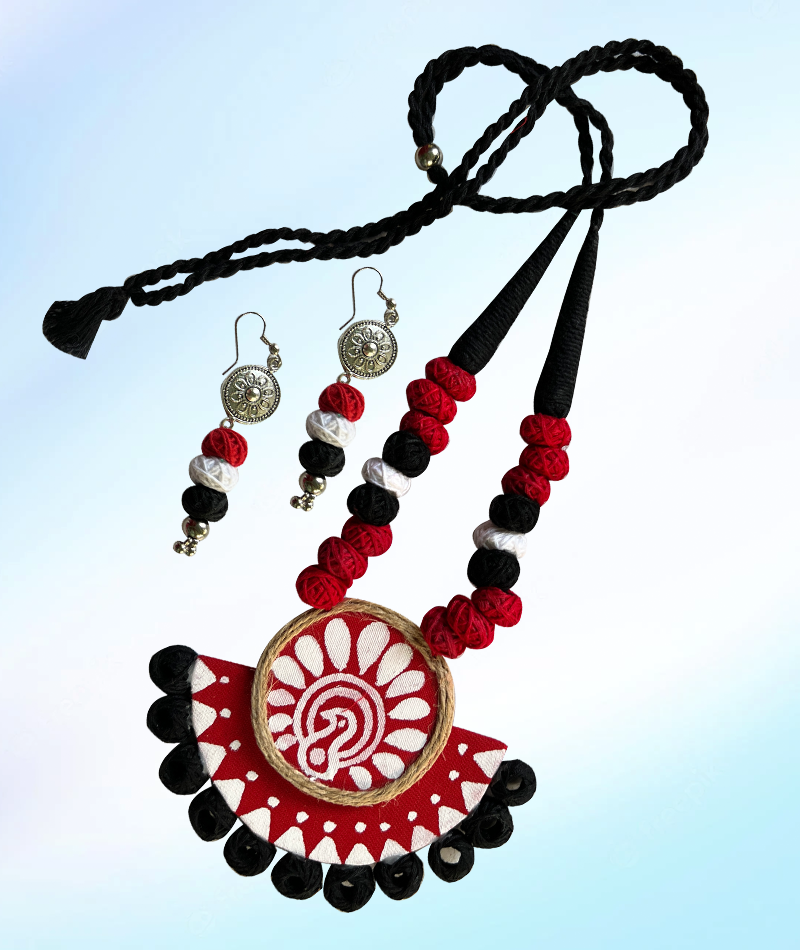 Handmade fabric jewellery set for women (red, white and black combination)